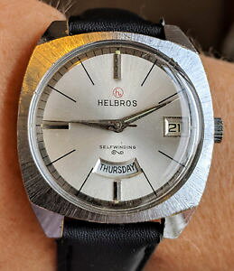 �y���������zgents 1970s swiss ss helbros automatic as 2066 day date watch serviced