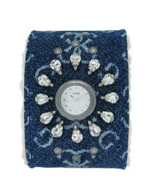 【送料無料】guess 11050l4 womens round analog clear stone blue denim acrylic wool cuff watch