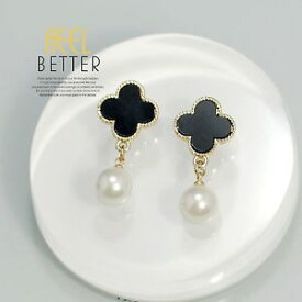 【送料無料】ピアス　クローバーピアス　ファッションゴールデンブラックパールペンダントケースビンテージohrringe mode clip golden schwarz klee perle fallen jahrgang anhnger ehe yw4
