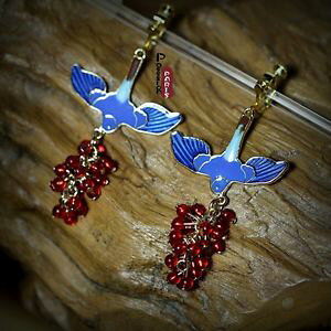 �y���������z�s�A�X�@�s�A�X�@�N���b�v�G�i�����O���[�v�p�[�����b�h�I���W�i��ohrringeohren clips vogel emaille blau traube perle rot original geschenk b3