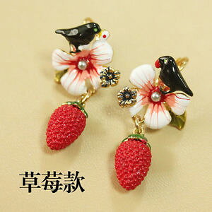 �y���������z�s�A�X�@�s�A�X�@�X���[�p�[�X�g���x���[���b�h�o�[�h�G�i����ohrringeohren schlfer erdbeere rot vogel emaille original ehe geschenk l6