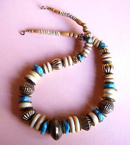 �y���������z�l�b�N���X�@�N�����v�r�[�Y�^�[�R�C�Y�g���R735 collier perles laiton et turquoise