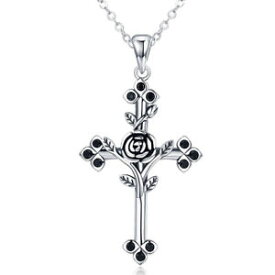 【送料無料】ネックレス　ピンクスターリングシルバークロスシートpendentif fleur rose feuille croix femmes en argent sterling 925