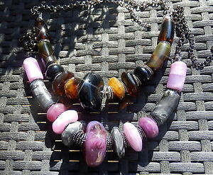 �y���������z�l�b�N���X�@�N�����v�K���X�r�[�Y�I�����Wcollier grosses perles de verre ambre ou violine