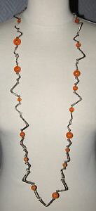 �y���������z�l�b�N���X�@�l�b�N���X�I�����W�r�[�Ycollier sautoir biche de bere en mtal argent et perles en rsine orange