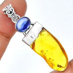 �y���������z�l�b�N���X�@�I�����W�J�C�A�i�C�g�V���o�[pendentif ambre et cyanite monture en argent 925 ref 7344