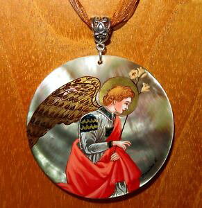 �y���������z�l�b�N���X�@�t�B���b�|���b�s�V�F���t���O�����gfilippo lippi pendentif main de coquille peint fragment le annunciation ange