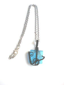�y���������z�l�b�N���X�@�t�@���^�W�[�K���X�p�[���V���o�[pendentif fantaisie perle verre feuille dargent carr bleu tiss main noir