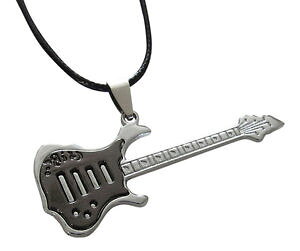 �y���������z�l�b�N���X�@�N�����v�M�^�[�y���_���g�V���o�[�u���b�N�R�[�hcollier, pendentif guitare argent et noir cordon a1