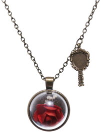 【送料無料】ネックレス　ピンクカラーガラスドームミラーブロンズカラーcollier rose rouge sous dme de verre et petit miroir couleur bronze