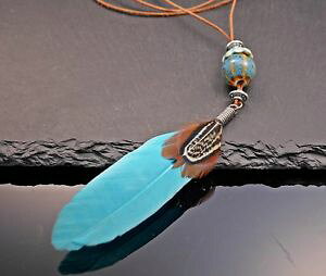 yzlbNX@J[OyZ~bN^[RCYp[Vo[collier en cuir long avec vritable plume turquoise cramique perle argent