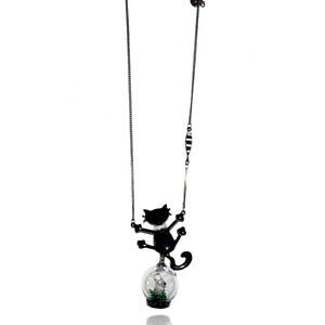 �y���������z�l�b�N���X�@�l�b�N���X�}�E�X�K���X�h�[���J�o�[�u���b�Nlol bijoux collier chatte et souris bulle en verre noir