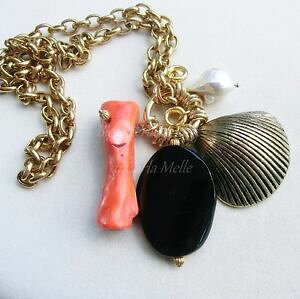 �y���������z�l�b�N���X�@�R���L���G�y����collana tono oro giallo con corallo conchiglie perla barocca