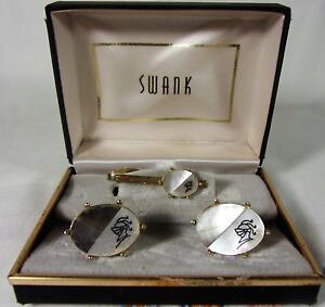 【送料無料】メンズアクセサリ? ビンテージスワンクゴールドプレートアワビトロイカフスボタンタイクリップセットvintage swank gold plate abalone mop trojan warrior cufflinks tie clip set nib