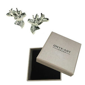 �y���������z�����Y�A�N�Z�T��?�@�����Y�V���o�[�X�^�b�O�V�J�J�t�X�{�^���I�j�L�X�A�[�g�{�b�N�X�I��mens silver stag animal deer cufflinks amp; gift box by onyx art