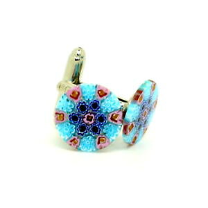 yzYANZT?@sNmKXJtNXblue pink yellow circular patterned murano glass cufflinks with millefiori