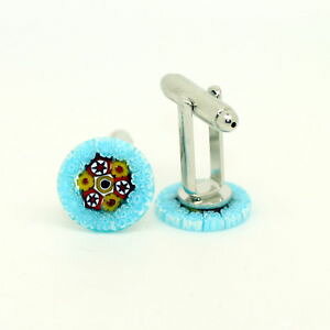yzYANZT?@mKXJtNXblue red yellow white circular patterned murano glass cufflinks with millefiori
