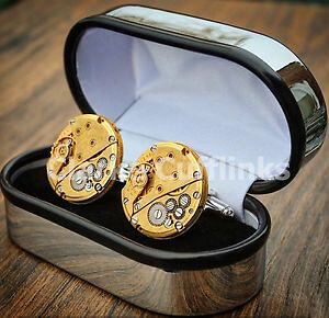 �y���������z�����Y�A�N�Z�T��?�@mens���[�������g�J�t�X�����N�X�`�[���p���Nboxed watch movement cufflinks steampunk wedding groom mens gift present gold