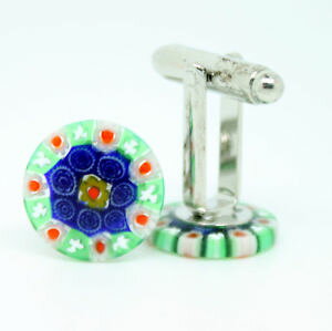 yzYANZT?@~btBI[bhmKXJtXNblue, green and red circular patterned murano glass cufflinks with millefiori