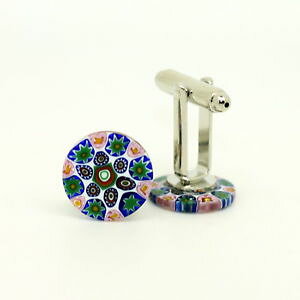 yzYANZT?@sNmKXJtNXpink green white blue circular patterned murano glass cufflinks with millefiori