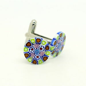 yzYANZT?@mKXJtNXgreen red white blue circular patterned murano glass cufflinks with millefiori