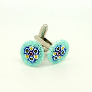 yzYANZT?@mKXJtNXgreen white blue circular patterned murano glass cufflinks with millefiori