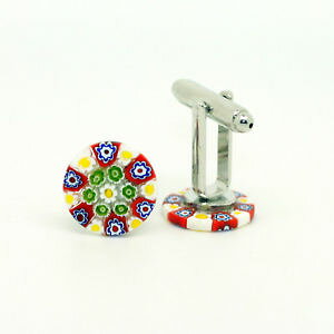�y���������z�����Y�A�N�Z�T��?�@�����m�K���X�J�t�����N�Xred white green yellow circular patterned murano glass cufflinks with millefiori