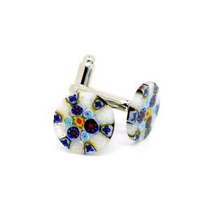 yzYANZT?@mKXJtNXwhite blue red yellow circular patterned murano glass cufflinks with millefiori