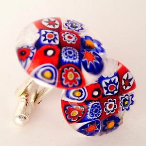 yzYANZT?@KXJtX{^red white amp; blue flower glass amp; silver murano millefiori floral cufflinks