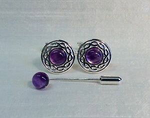 �y���������z�����Y�A�N�Z�T��?�@�Z���e�B�b�N�c�C�X�g�^�C�s��amethyst cuffllinks with celtic twist patttern amp; cravattie pin, silver plated