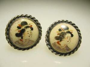 yzYANZT?@re[WS[hv[gX^[OVo[yCgJtNXrare vintage michaud gold plate sterling silver paint satsuma geisha cuff links