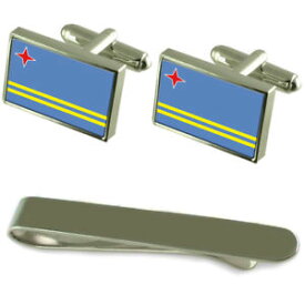 【送料無料】メンズアクセサリ—　アルバシルバーカフスボタンタイクリップセットaruba flag silver cufflinks tie clip engraved gift set