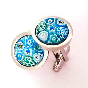 yzYANZT?@^[RCY[mEhKXAvJtX{^turquoise flower murano millefiori round glass amp; silver inlay chunky cufflinks