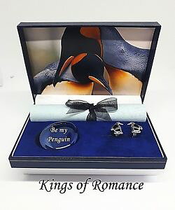 �y���������z�����Y�A�N�Z�T��?�@�V���o�[�I�j�L�X�y���M���{�b�N�X�f�U�C��silver and onyx penguin cufflink gift box , choice of four designs
