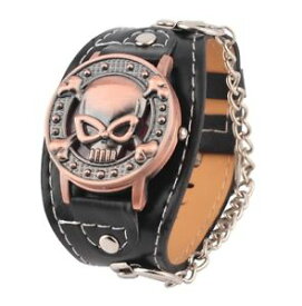 【送料無料】腕時計　ウォッチ　ブラックスカルクロスボーンチェーンreloj de pulsera nuevo negro imitacin cuero tachuelas calavera huesos cruzados cadenas de metal goth b6