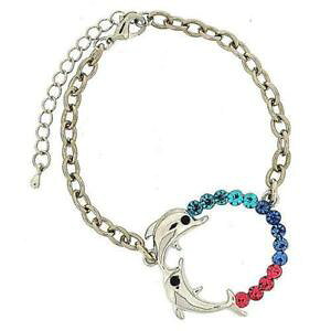 �y���������z�u���X���b�g�@�A�N�Z�T��?�@�h���t�B�������O�u���X���b�g�_�u��toc silvertone coloured rhinestones double dolphin ring bracelet 7525