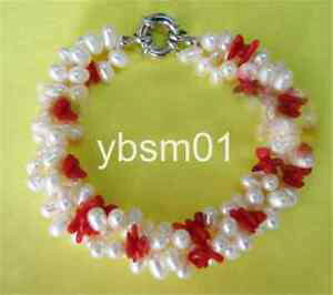 yzuXbg@ANZT?@zCgp[uXbgwonderful 3 strands natural white freshwater pearlamp;red coral jewelry bracelet