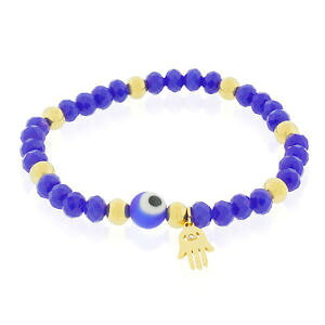 �y���������z�u���X���b�g�@�A�N�Z�T��?�@stainless steel blue yellow goldtone hamsa evil eye protection stretch bracelet