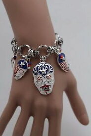 【送料無料】ブレスレット　アクセサリ—　ファッションジュエリーシルバーブレスレットチェーンリンクアメリカスカルwomen fashion jewelry silver bracelet chain link usa red blue white skull charms