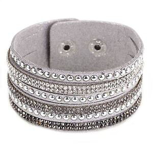 �y���������z�u���X���b�g�@�A�N�Z�T��?�@�u���X���b�g���b�v�N���X�^�����C���X�g�[�����U�[�O���[�X�G�[�hbracelet slake wrap crystal rhinestone shiny leather grey suede