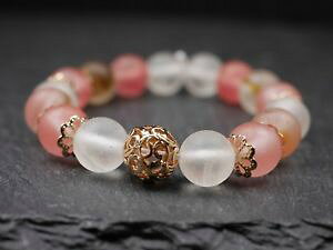 �y���������z�u���X���b�g�@�A�N�Z�T��?�@�K���X�{�[���s���Nelastic bracelet with glass beads and golden ballpink