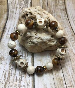 yzuXbg@ANZT?@nhChLbcACXJuXbgAJXgb`handmade healing gemstone tigers eye howlite skull stretch bracelet usa