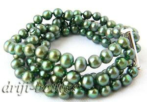 �y���������z�u���X���b�g�@�A�N�Z�T��?�@4strands 8mm�O���[��4strands 8mm green round freshwater pearl bracelet