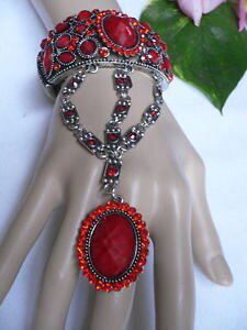 yzuXbg@ANZT?@t@bVuXbgOJtX[u`F[women fashion bracelet ring red flower rhinestones metal cuff slave chain bling