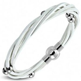 【送料無料】ブレスレット　アクセサリ—　ステンレスボールleather bracelet braided white with stainless steel balls