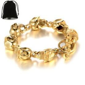 【送料無料】ブレスレット　アクセサリ—　ステンレススチールスカルチェーンブレスレットバッグgold plated stainless steel skull link chain bracelet men women boygift bag