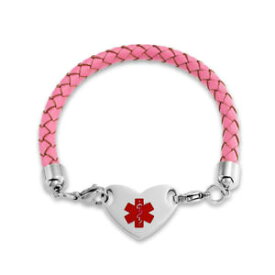 【送料無料】ブレスレット　アクセサリ—　ピンクレザーステンレスブレスレットbling jewelry pink braided leather stainless steel heart medical id bracelet 7in