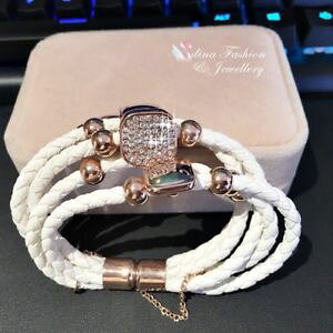 �y���������z�u���X���b�g�@�A�N�Z�T��?�@�t�@�b�V�����z���C�g���U�[k���[�Y�S�[���h�u���X���b�gfashion white leather 5 rows woven 18k rose gold filled square charm bracelet