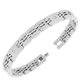 【送料無料】ブレスレット　アクセサリ—　ステンレスリンクチェーンホワイトcz mensブレスレットstainless steel silvertone link chain white round crystals cz mens bracelet