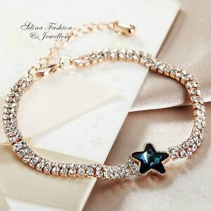 yzuXbg@ANZT?@[YS[hXtXL[NX^_ueB[X^[uXbg18k rose gold filled made with swarovski crystal double rows teal star bracelet
